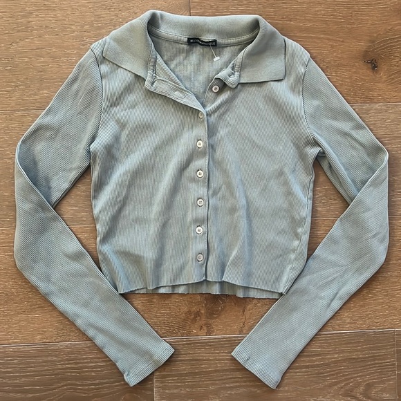 Brandy Melville Tops - Brandy Melville Long Sleeve Sage Ribbed Green Button Up Top